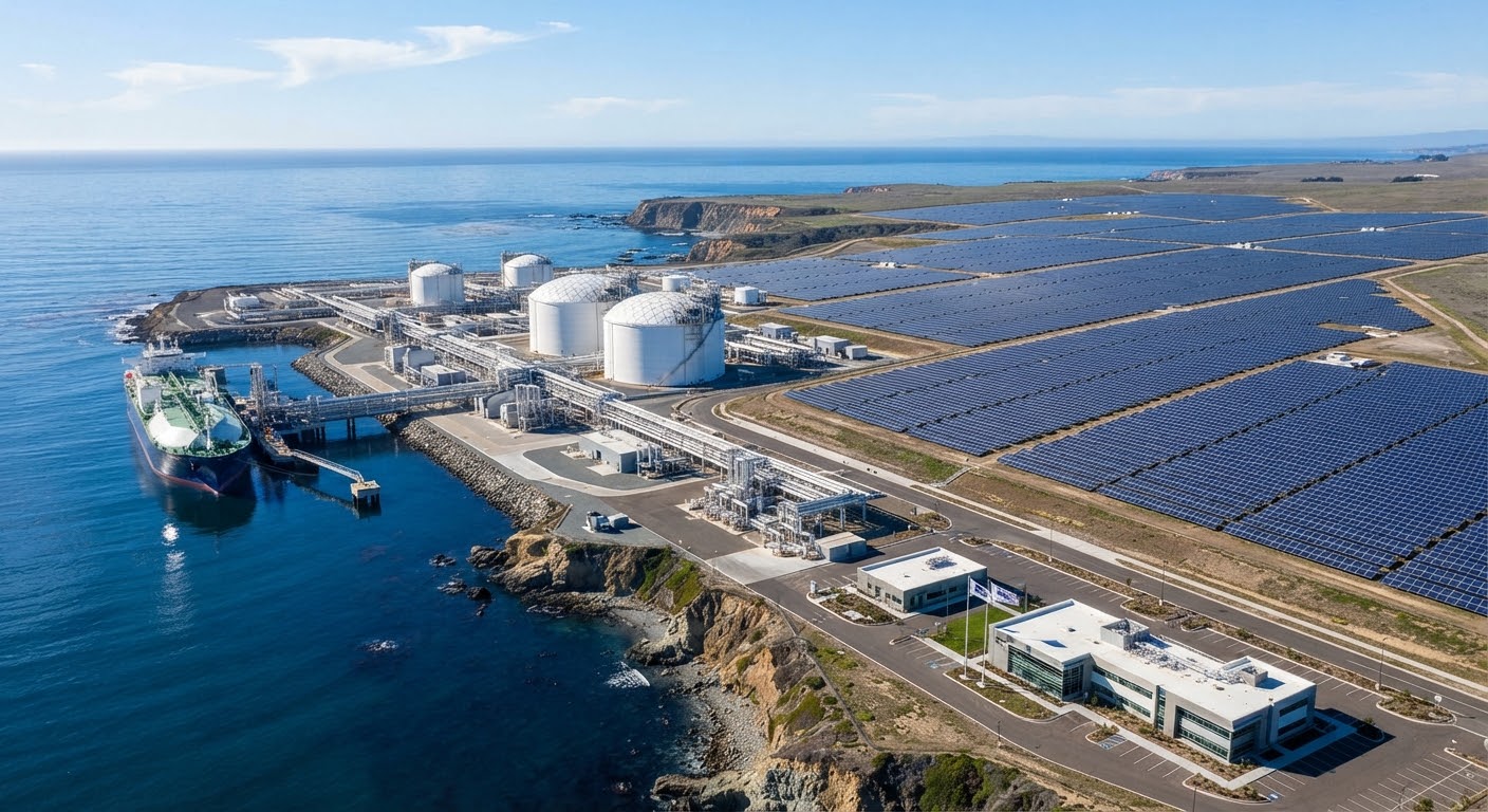 Coastal energy terminal beside a large solar field